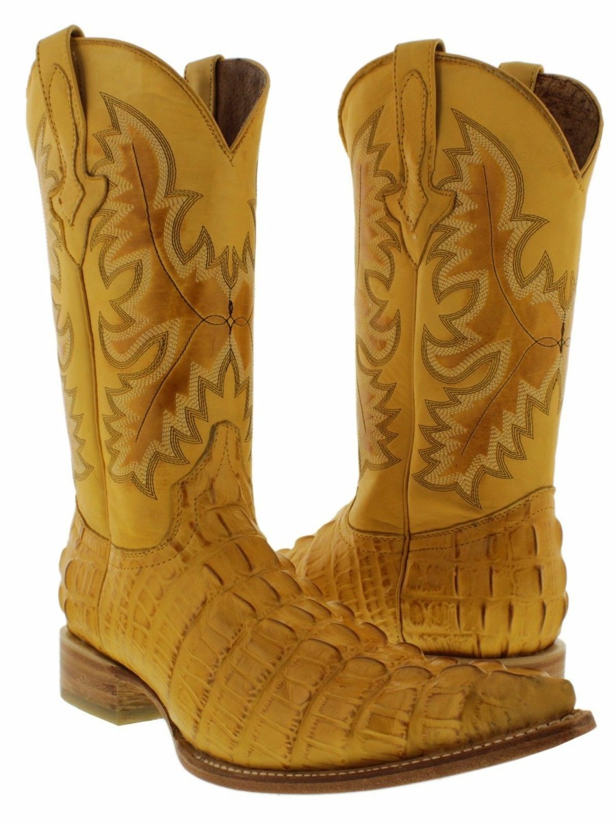 Mens Yellow Alligator Tail Pattern Leather Cowboy Boots 3x Toe