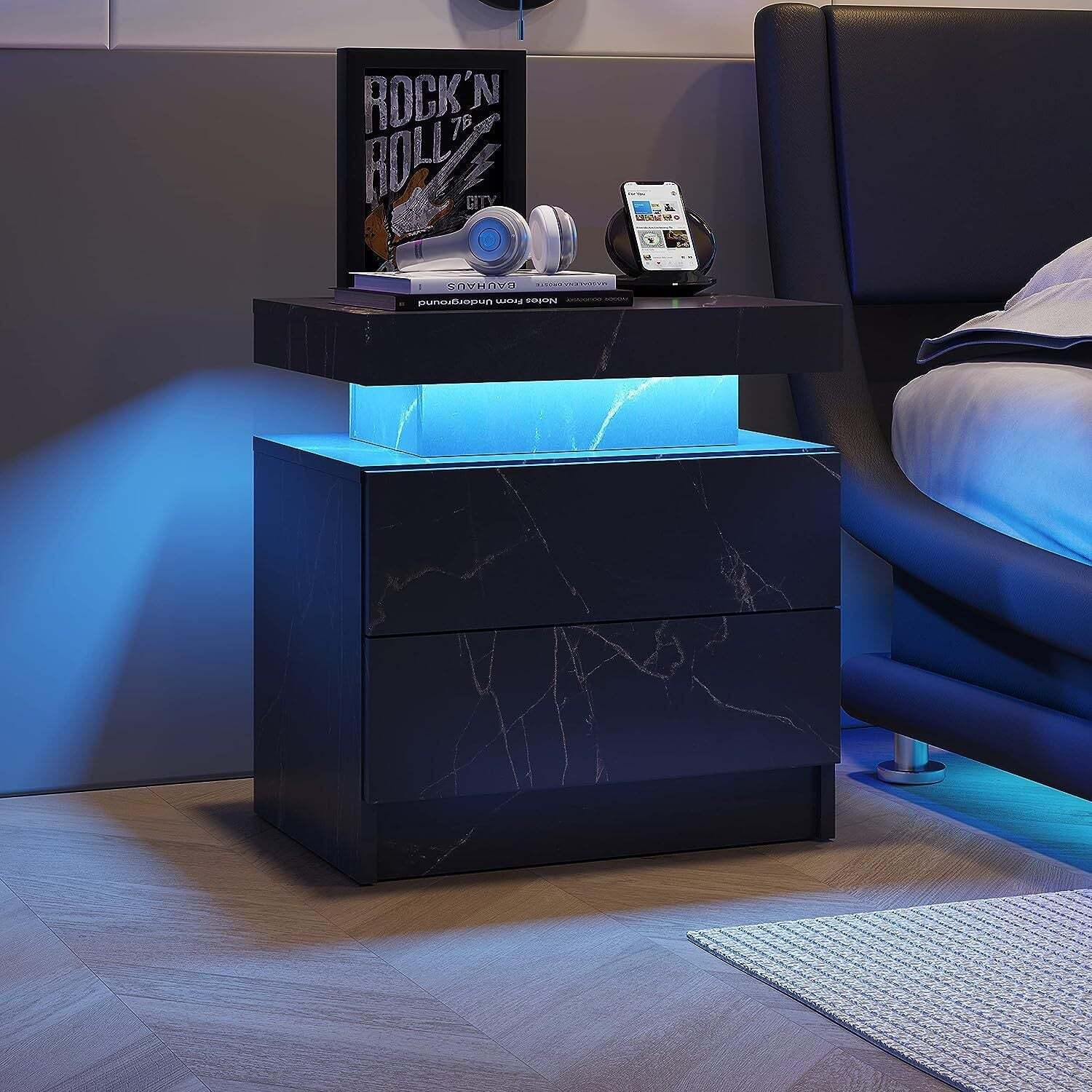 Modern Black Gold Nightstand with LED Lights and 2 Drawers