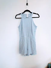 Boutique blue and white striped romper with high neckline and lined shorts.  Has