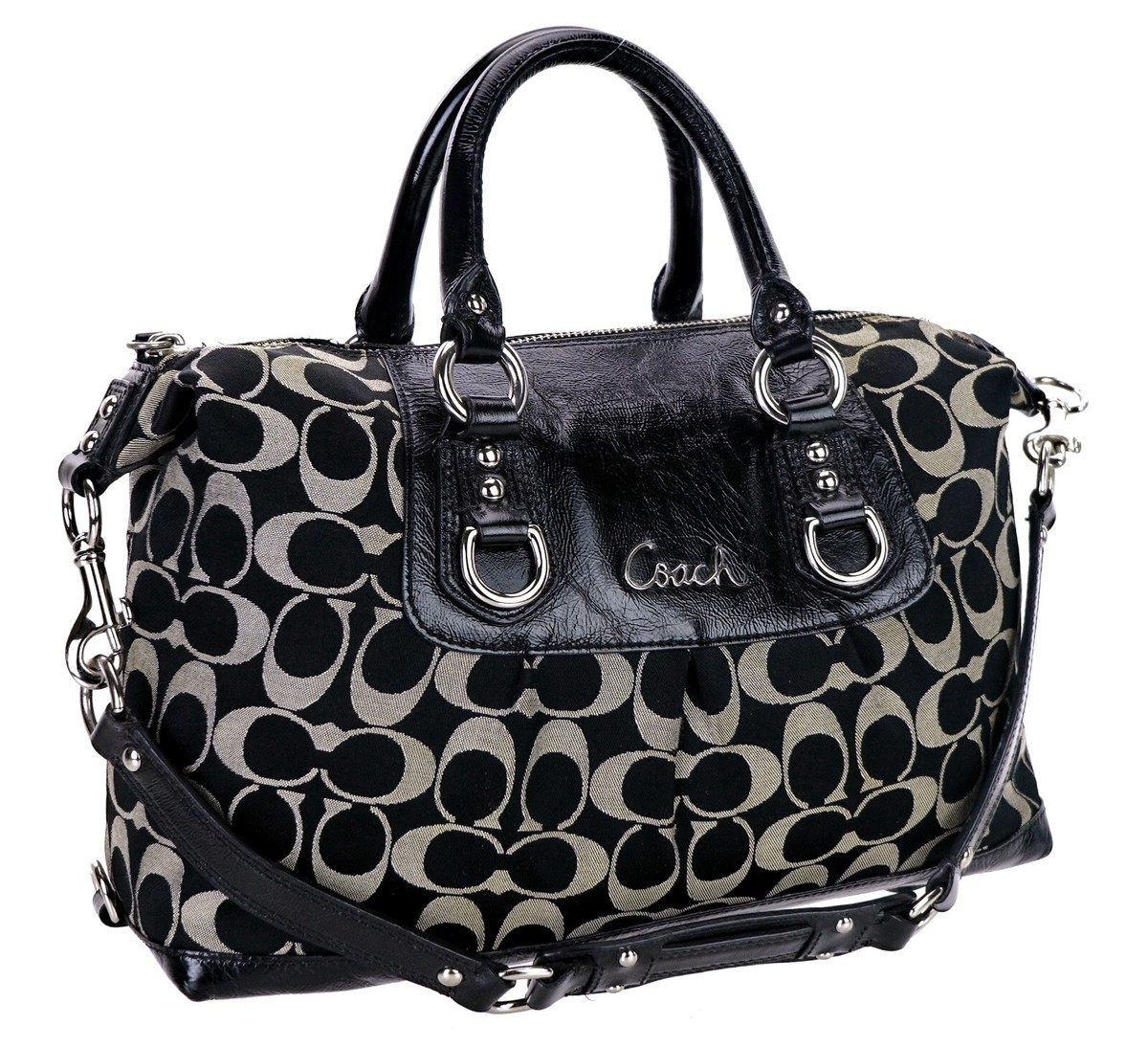COACH Black C Signature Leather ASHLEY Oversized Boston Bag +