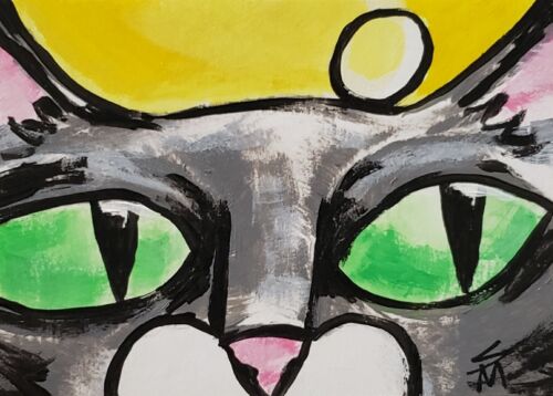 Aceo Abstract Painting Black Cat Collectible Signed Acrylic Art Samantha McLean - Picture 1 of 1