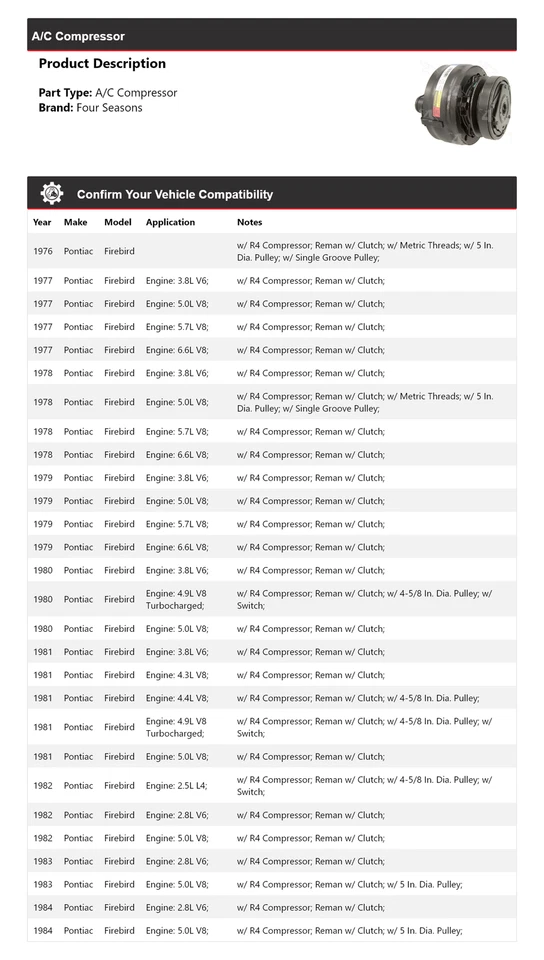 For 1976-1984 Pontiac Firebird A/C Compressor 4 Seasons 1977 1978 1979 1980 1981 - Image 2 of 4