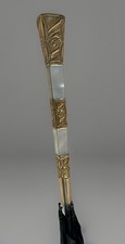 Repousse Gold Filled  Mother of Pearl Antique 1900s Parasol Umbrella Cane READ