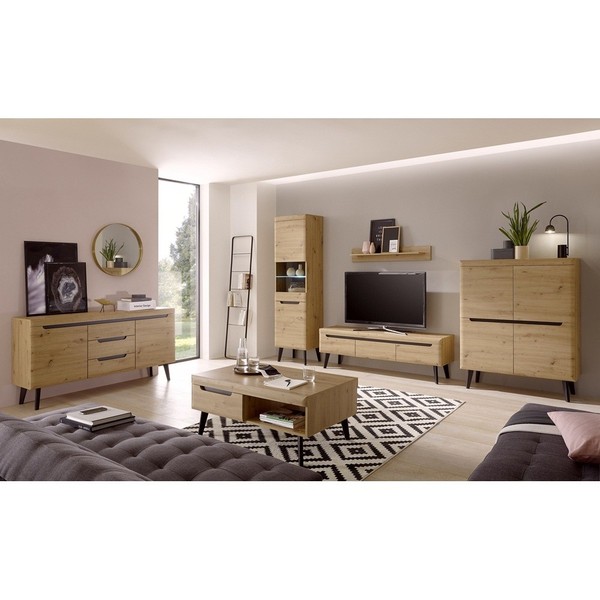 Wohnwand Set Eiche Couchtisch Led Lowboard Highboard Sideboard Anrichte Kommode-image