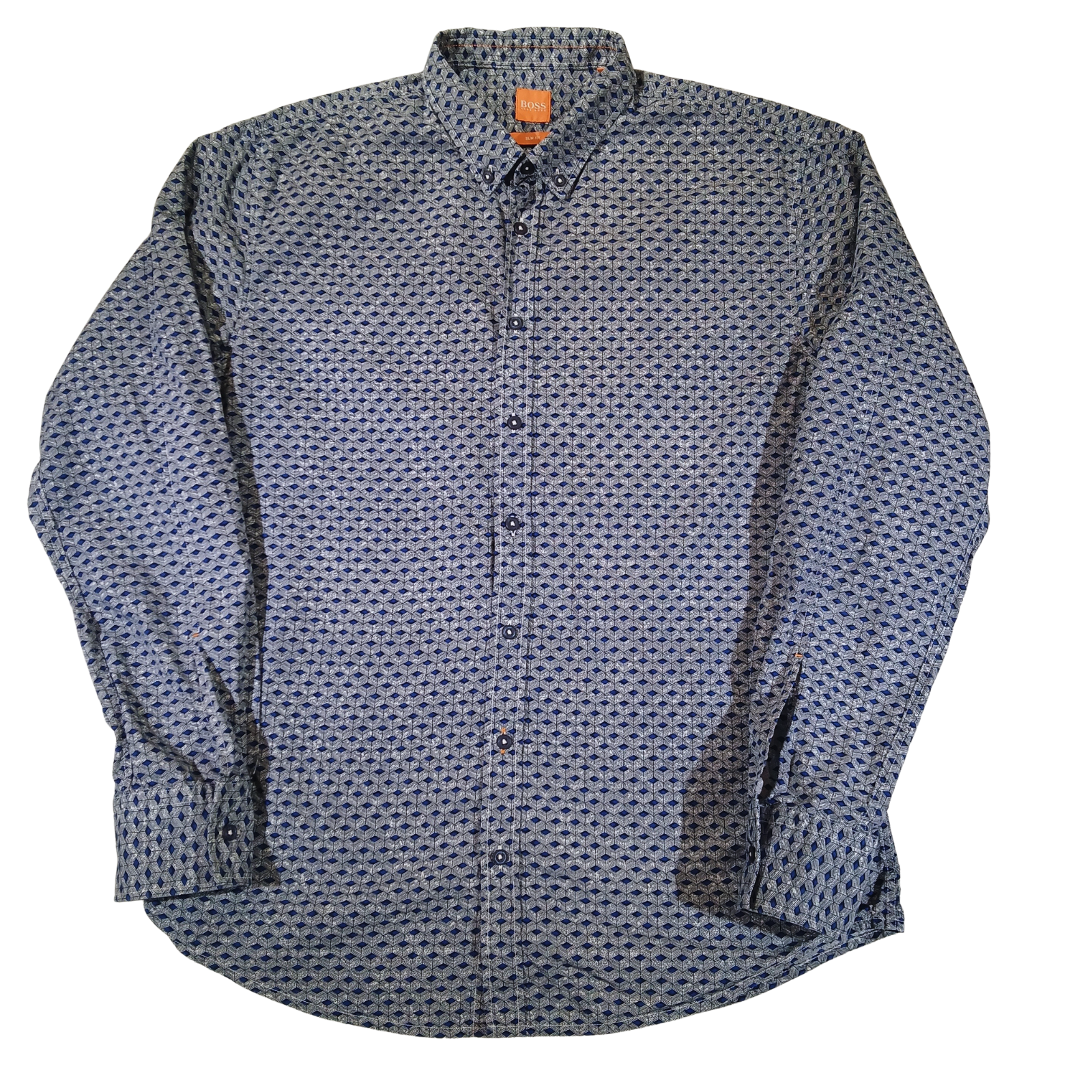 Hugo Boss Orange Slim Fit Button Down Shirt Men’s XL Blue Geometric Pattern