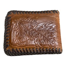 Vtg Pacific Eagle USA Tooled Leather Wallet Bifold Horse Oak Leaves Laced Edg