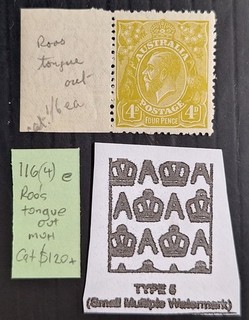 1929 Australia 4d Olive KGV stamp SMWMK P13.5X12.5 MUH Roos Tongue Out $120.00