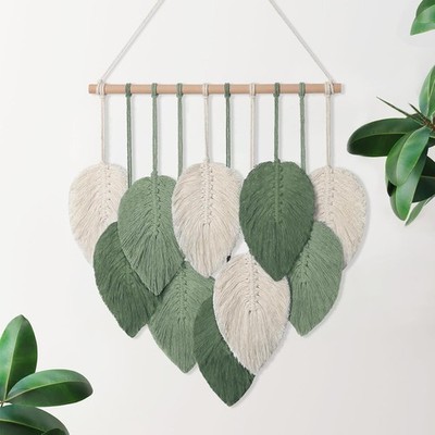Kleiner Makramee Wandbehang Boho Blatt gewebt Deko grün