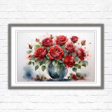 Red Roses in a vase. Framed floral painting. Printed and framed with choice of f
