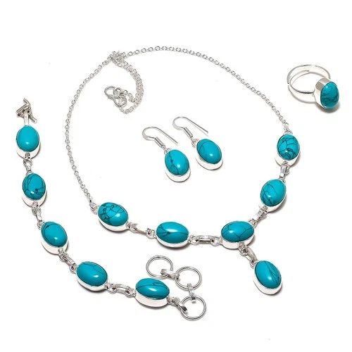 Santa Rosa Turquoise Gemstone Ethnic 925 Sterling Silver Necklace Jewelry Set c9