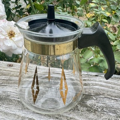 Pyrex Gold Atomic Diamond Glass Coffee Carafe Teapot Espresso Pitcher 4.5  Vtg
