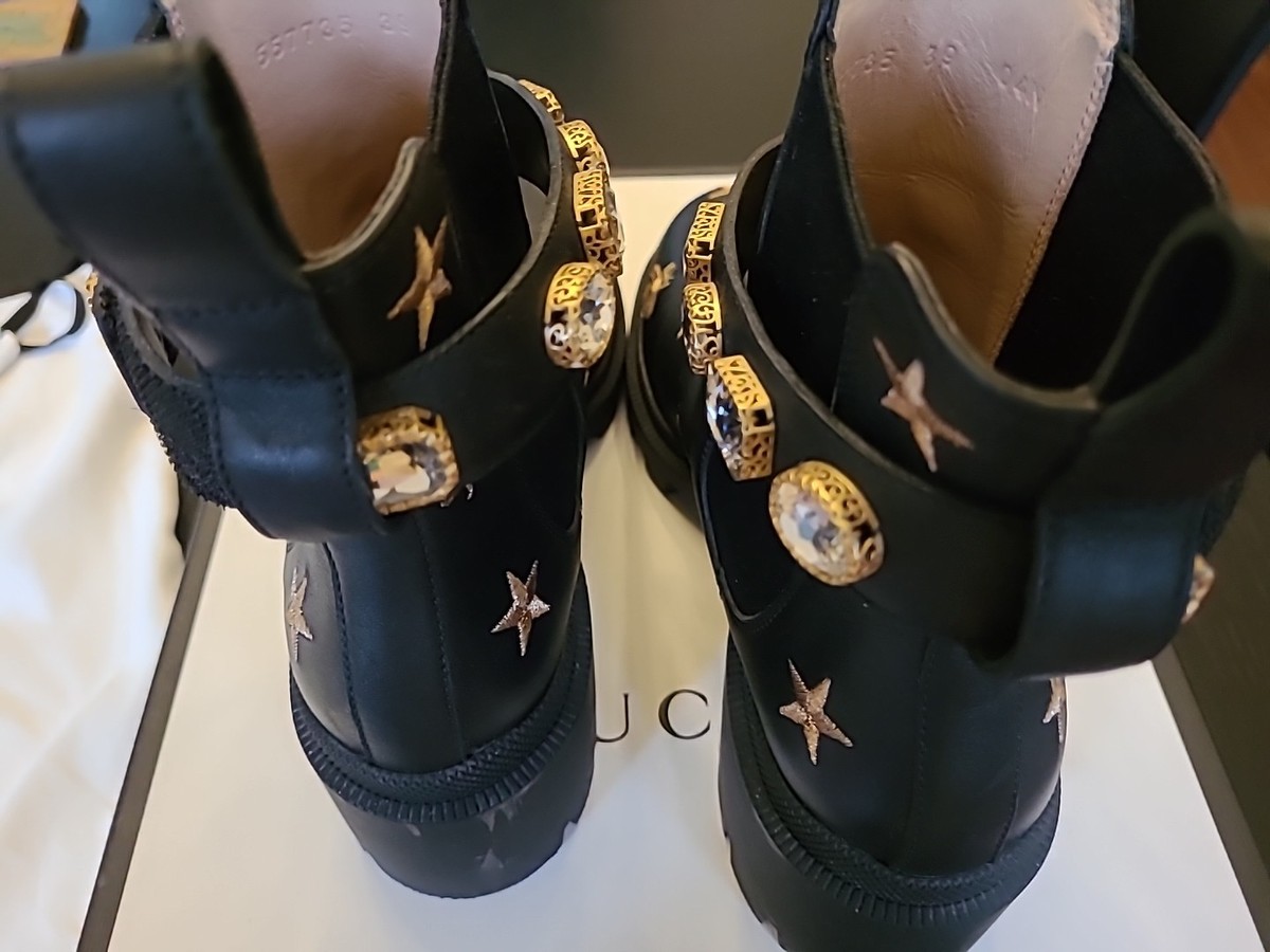 Gucci Womens Black Lthr Ankle Boots Gold Embroidered Stars  display picture 2