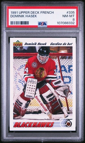 PSA 8 DIMINIK HASEK 1991 Upper Deck Hockey Card  #335 ROOKIE (FRENCH)
