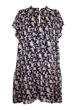 LOFT S Dress Black Floral Drop Waist Ruffle Neck Gold Embroidered Polka Dot EUC