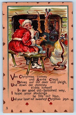 Christmas Postcard Santa Claus Putting Toys In Stocking Fireplace Beverly MA