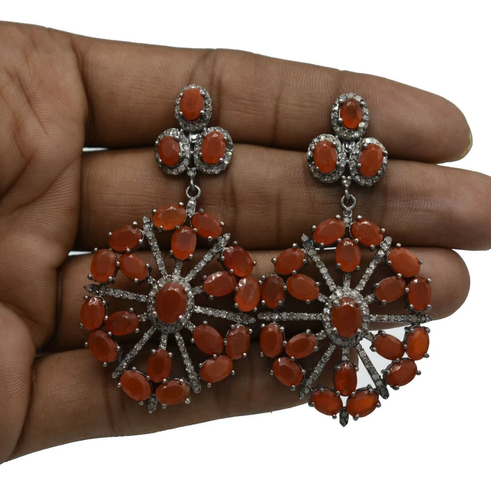 Único Pavé de Diamante Naranja Cornalina Largo Colgante 925 Pendientes Plata Ley - Imagen 3 de 4