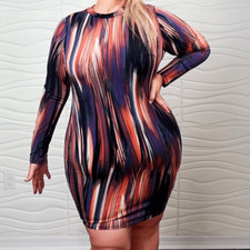 Curvy Sense Size 1X Casual Long Sleeve Abstract Print BodyCon Dress Stretch