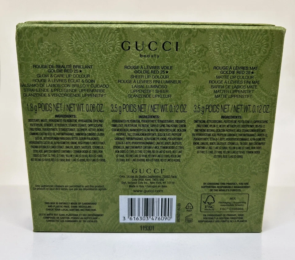 Juego de trío de lápices labiales GUCCI Rouge de Beauté, Lévres Voile & Mat mate ROJO DORADO 25 Foto 2 de 4