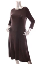 NEW Eileen Fisher Tencel Jersey Jewel Neck 3/4 Sleeve Midi Length Dress Brown