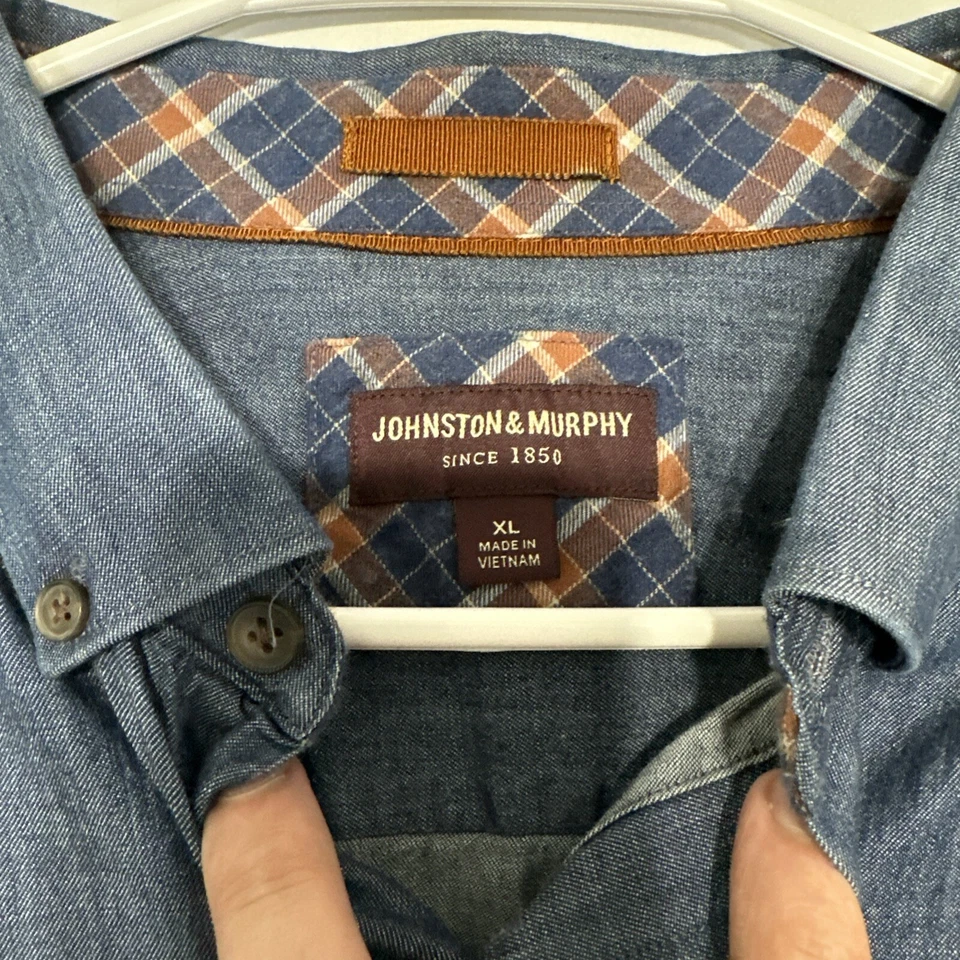 Johnston & Murphy Shirt Men's XL Blue Denim Flip Cuff Button Up Cotton Chambray - Image 4 of 4