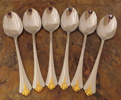 Oneida Golden Royal Flute Set 6 Soup Spoons Community Stainless Flatware Lot G