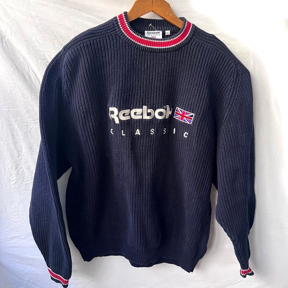 Suéter Pullover Vintage Reebok Clásico Tejido Y2K Azul Marino Rojo Para Hombre XL Foto 2 de 4