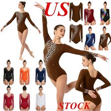 US Women Gymnastics Rhinestone Bodysuit One Piece Long Sleeve Backless Jumpsuit