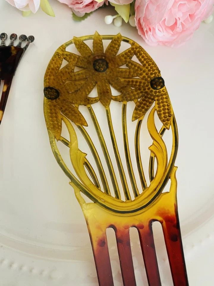 "2 peines de pelo antiguos y vintage Art Deco estrás de celuloide chapados en plata 8,5""" Foto 4 de 4