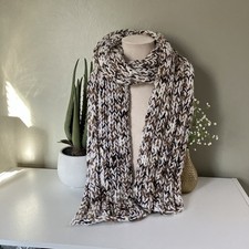 Hand Knit Chunky Brown Ivory Cream Scarf Rectangle Winter Warmth Neutrals