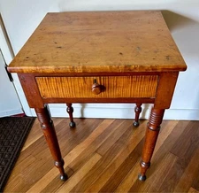 Antique Cherry + Birdseye & Curly Tiger Maple, One Drawer Stand Hand Turned Legs