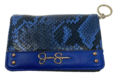 Jessica Simpson Bethany Flap Card Holder Keychain Blue Python Snake Skin Pattern