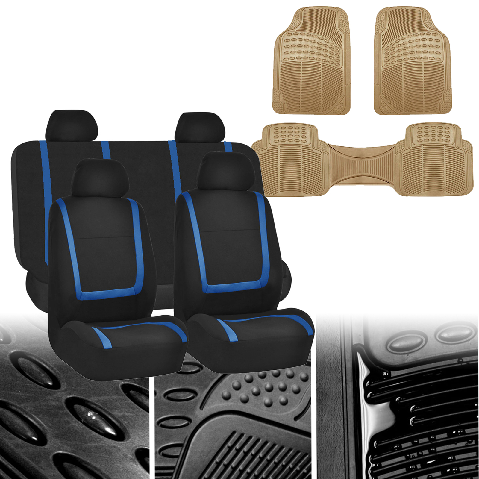 Car Seat Covers Blue Black Full Set for Auto w/Heavy Duty Floor Mats