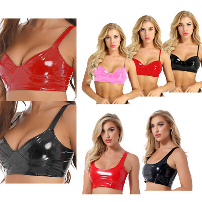 Damen Wet Look PVC Push Up BH Crop Top Shirt Lackleder Bustier Bralette Clubwear