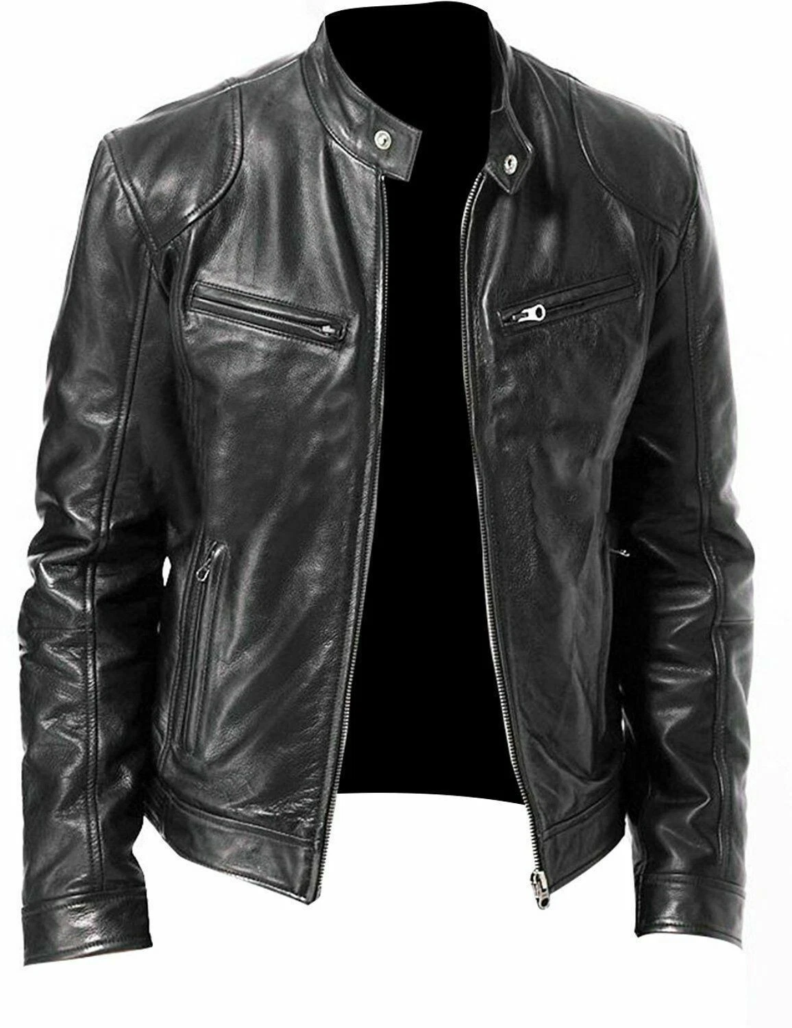 New Mens Vintage Biker Cafe Racer Retro Black Motorcycle Slim Fit Leather Jacket