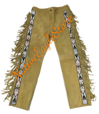 Mens Cognac Buckskin Suede Hide Sioux Beaded Fringe Powwow Regalia Pant NAP825
