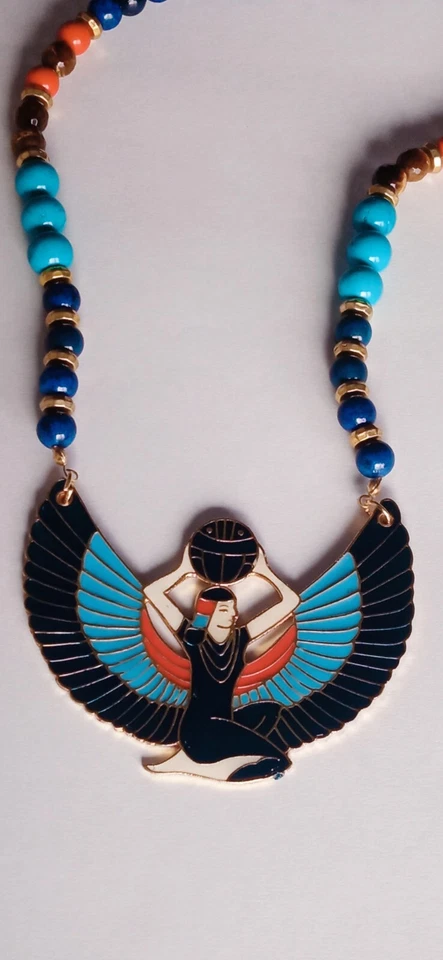 Collana Iside egiziana in lapislazzuli turchese pasta di corallo e pendente raro - Immagine 4 di 4