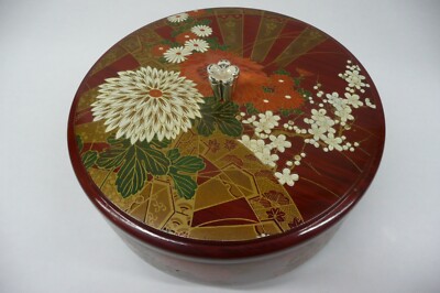 VTG  Japanese Lacquerware Container Trinket Round Floral Lid