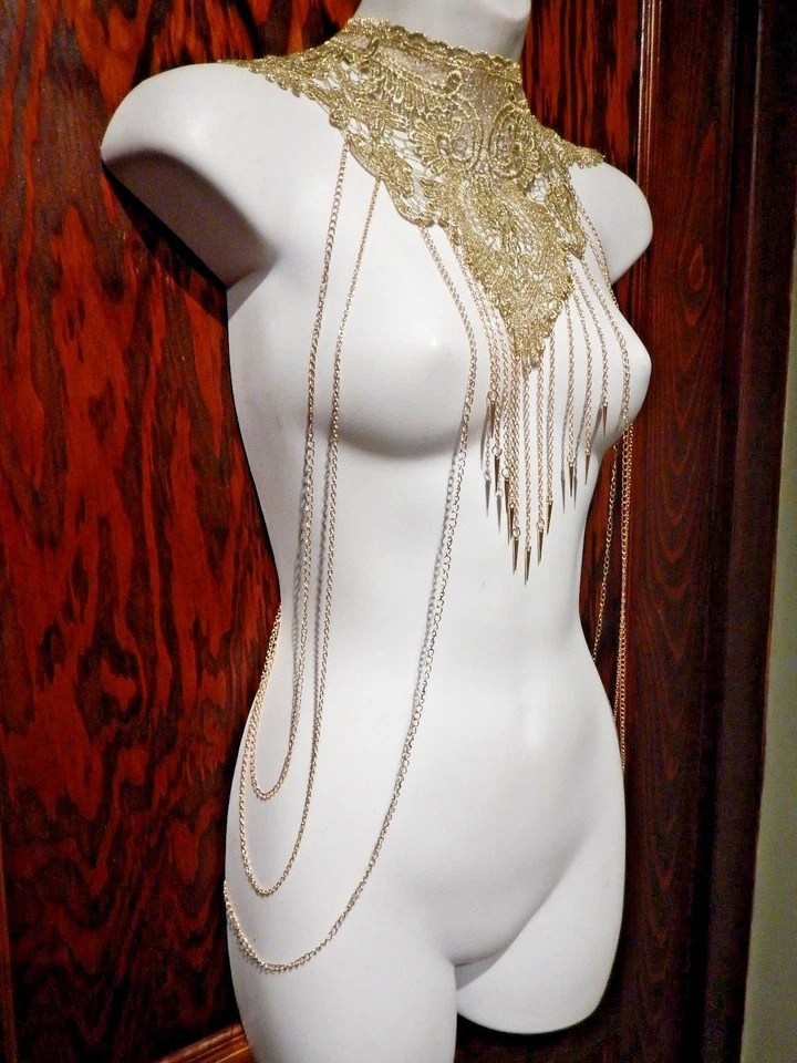 GOLD CHAIN & SPIKES LACE BODY JEWELRY necklace harness yoke choker goddess Z8 - Image 3 of 4
