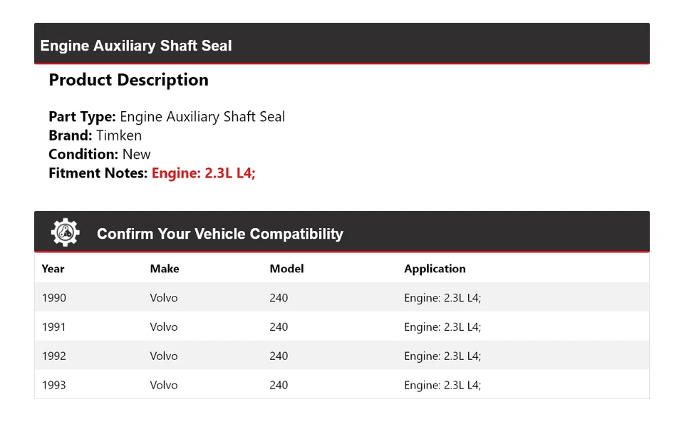 For 1990-1993 Volvo 240 2.3L L4 Engine Auxiliary Shaft Seal Timken 1991 1992 - Image 2 of 4