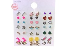 Wonder Nation Post Earring Set of 21 Pairs Hearts Stars Flowers Ribbon