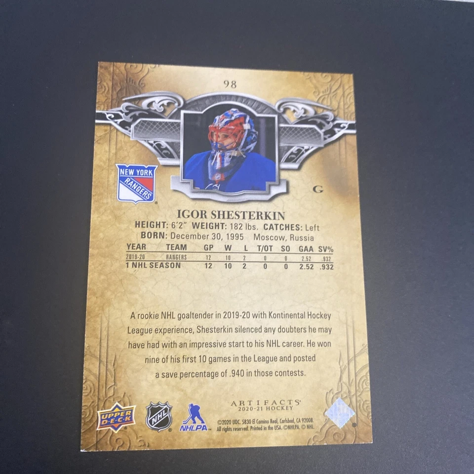 2020 Artifacts Igor Shesterkin Copper parallel /299 NYR STAR GOALIE - Image 3 of 3