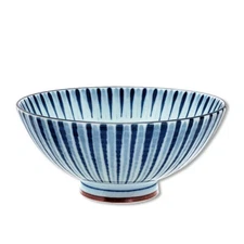 Japanese Rice Soup Bowl 5.75"D Porcelain Blue Nami Tokusa Lines Made in Japan