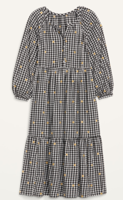 NEW Old Navy Black White Gingham Daisy Floral Midi Swing Dress