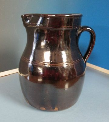 Antique Incised Milk Pitcher Dark Brown Albany Slip Glaze Great