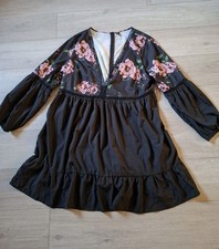 Shein Black Floral Silky Frilled Dress Embroidered Trims Party UK20/22 (4XL)