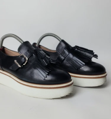 Mocassins plateforme à franges en cuir noir Tod’s - Taille EU 38 - Bon état - Photo 1/4
