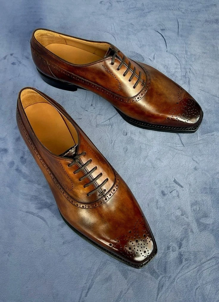 Bespoke Handstitched Men's Brown Leather Oxford Whole-Cut Lace Up Formal Shoes