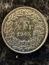 1943 B Switzerland 1/2 Franc GREAT 83.5% SILVER COIN! SHIPS FREE! KM# 23 (4)
