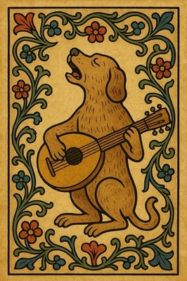Hund Laute Gitarre Instrument Musik Pergament Gemälde Malerei Kunstdruck