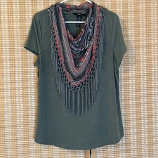 Style & Co Womens L Top With Detachable Scarf Fringe Green Short Sleeve Western
